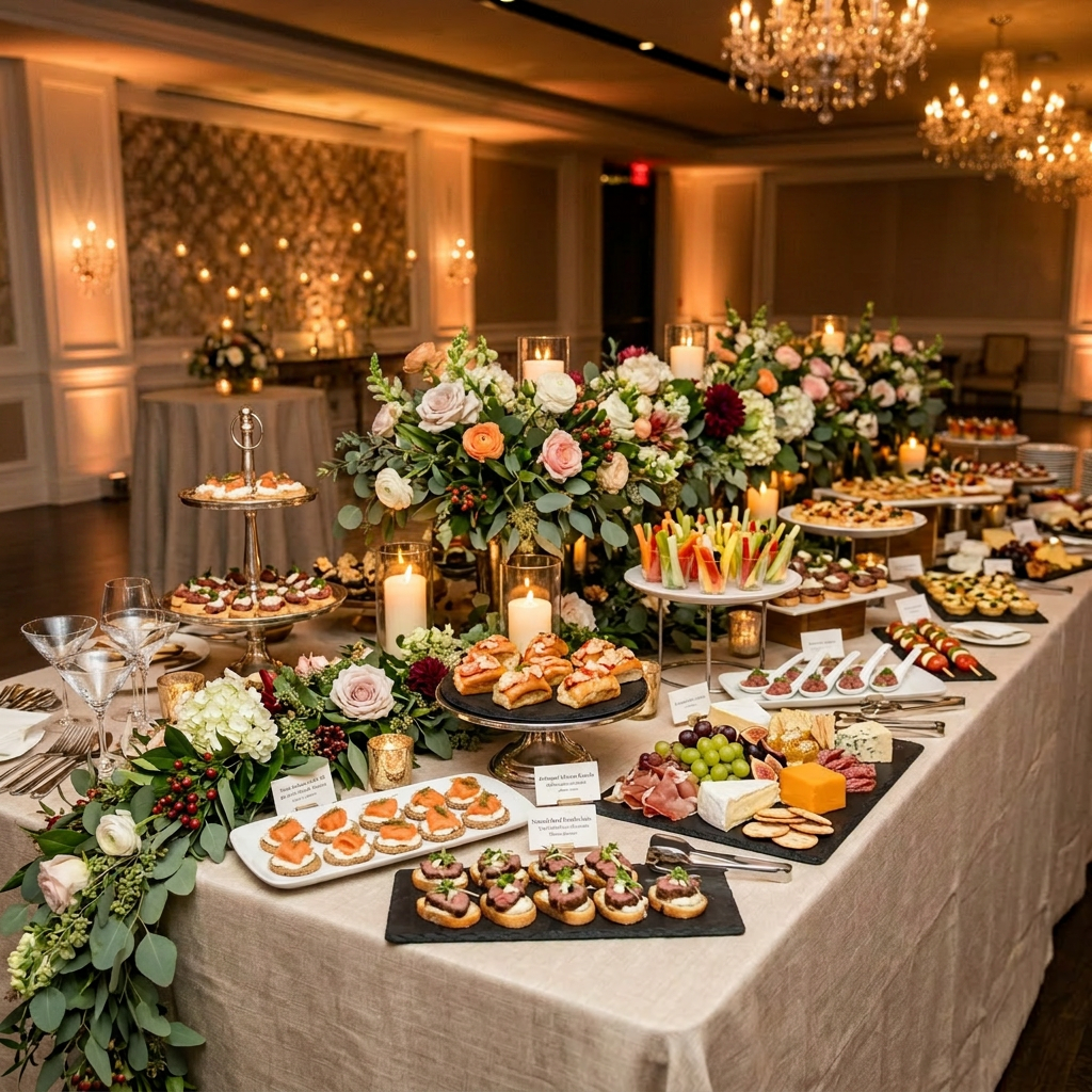Buffet table with assorted gourmet appetizers, cheeses, vegetables, and floral centerpieces at a wedding reception.